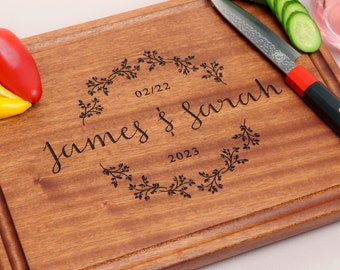 Personalized, Engraved Cutting Board with Cute Flower Wreath Design for Wedding or Engagement Gift #038