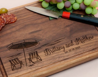 Personalized, Engraved Cutting Board with Beach Destination Design for Retirement or Wedding #051