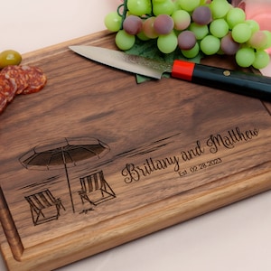 Personalized, Engraved Cutting Board with Beach Destination Design for Retirement or Wedding #051