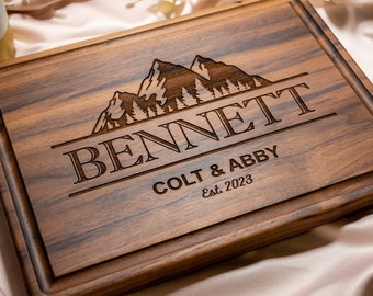 Personalized, Engraved Cutting Board with Bold Mountains Design for Wedding or Housewarming Gift #108