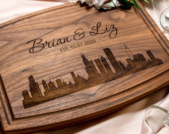 Personalized, Engraved Cutting Board with Modern City Skyline Design for Housewarming or Wedding Gift #050