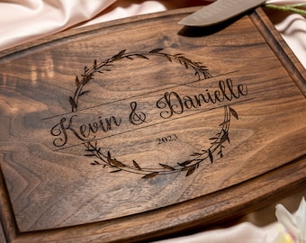 Personalized, Engraved Cutting Board with Natural Wreath Design for Housewarming or Anniversary Gift #040