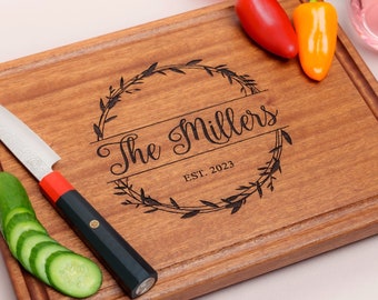 Personalized, Engraved Cutting Board with Natural Wreath Design for Housewarming or Anniversary Gift #040