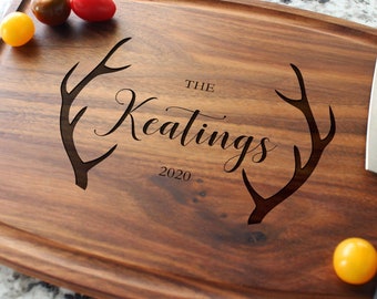 Personalized, Engraved Cutting Board with Rustic Deer Antlers Design for Housewarming or Wedding Gift #105