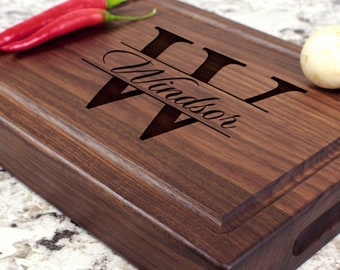 Personalized, Engraved Chopping Block with Minimalist Monogram Design for Wedding or Anniversary Gift #004