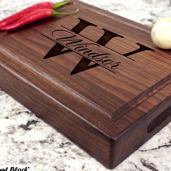 Personalized, Engraved Chopping Block with Minimalist Monogram Design for Wedding or Anniversary Gift #004