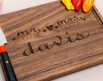Personalized, Engraved Cutting Board with Romantic Mr & Mrs Design for Wedding or Engagement Gift #021+Bonus Free Care Kit included