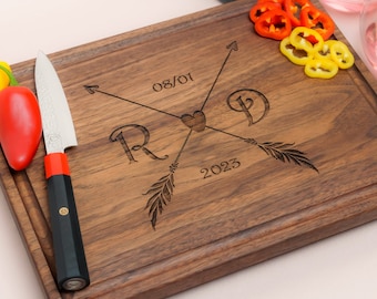 Personalized, Engraved Cutting Board with Boho Arrows and Heart Design for Engagement or Wedding #090