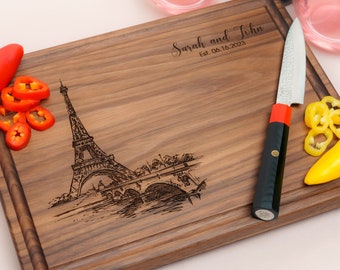 Personalized, Engraved Cutting Board with Paris and Eiffel Tower Design for Anniversary or Engagement Gift #047