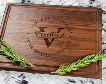 Personalized, Engraved Cutting Board with Classic Round Monogram Design for Housewarming or Wedding Gift #007