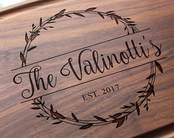 Personalized, Engraved Cutting Board with Natural Wreath Design for Housewarming or Anniversary Gift #040