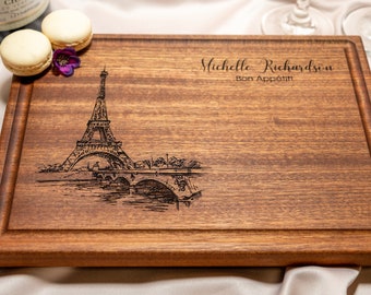 Personalized, Engraved Cutting Board with Paris and Eiffel Tower Design for Anniversary or Engagement Gift #047+Bonus Free Care Kit included