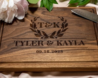 Personalized, Engraved Cutting Board with Monogram Design, and Laurels for Wedding or Anniversary Gift #011