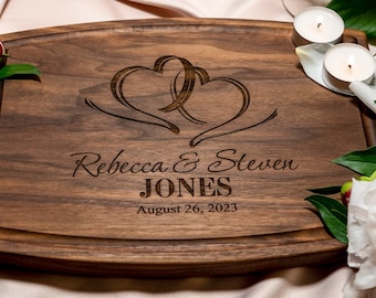 Personalized, Engraved Cutting Board with Romantic Heart Design for Wedding or Engagement Gift #027+Bonus Free Care Kit included