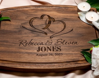 Personalized, Engraved Cutting Board with Romantic Heart Design for Wedding or Engagement Gift #027