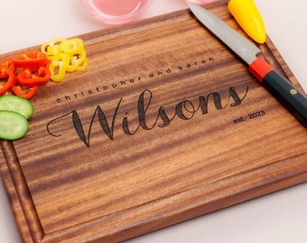 Personalized, Engraved Cutting Board with Minimalist Family Name Design for Housewarming or Wedding Gift #081