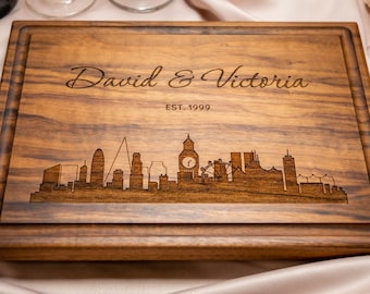 Personalized, Engraved Cutting Board with City Skyline Design for Housewarming or Wedding Gift #050