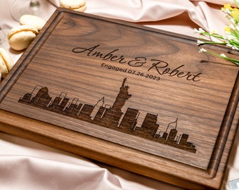 Personalized, Engraved Cutting Board with Modern City Skyline Design for Housewarming or Wedding Gift #050+Bonus Free Care Kit included