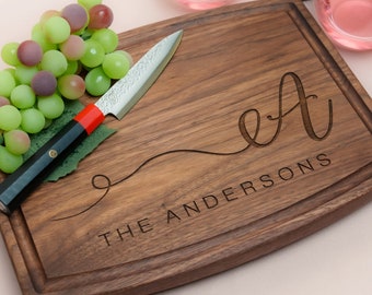 Personalized, Engraved Cutting Board with Minimalist Initial Monogram Design for Housewarming or Wedding #080