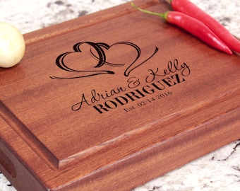 Personalized, Engraved Chopping Block with Romantic Heart Design for Wedding or Engagement Gift #027