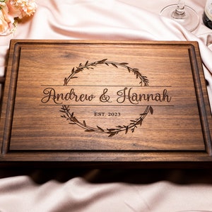 Personalized, Engraved Cutting Board with Natural Wreath Design for Housewarming or Anniversary Gift 040 image 1