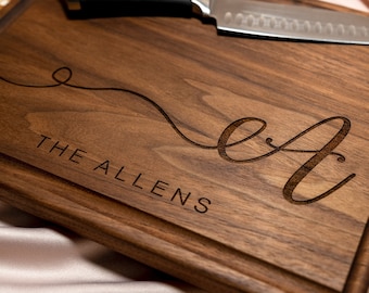 Personalized, Engraved Cutting Board with Minimalist Initial Monogram Design for Housewarming or Wedding #080