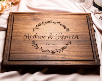 Personalized, Engraved Cutting Board with Natural Wreath Design for Housewarming or Anniversary Gift #040