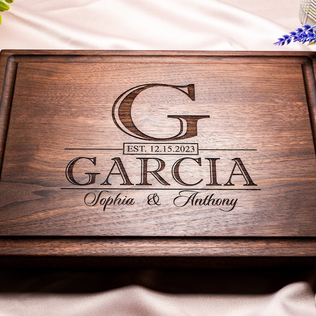 Personalized, Engraved Cutting Board with Classic Monogram Design for Wedding or Anniversary Gift #015+Bonus Free Care Kit included