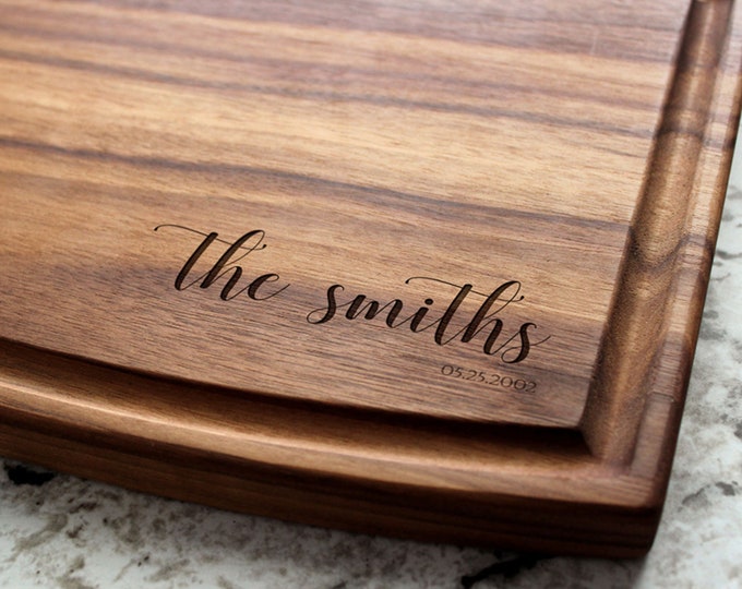 Personalized, Engraved Cutting Board with Minimalist Cursive Design for Housewarming or Wedding Gift #082