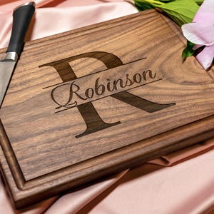 Personalized, Engraved Cutting Board with Minimalist Monogram Design for Wedding or Anniversary Gift #004+Bonus Free Care Kit included