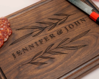Personalized, Engraved Cutting Board with Rustic Leaf Design for Engagement or Birthday Gift #102