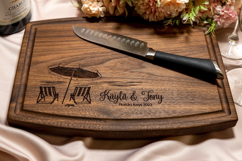 Personalized, Engraved Cutting Board with Beach Destination Design for Retirement or Wedding 051 image 1