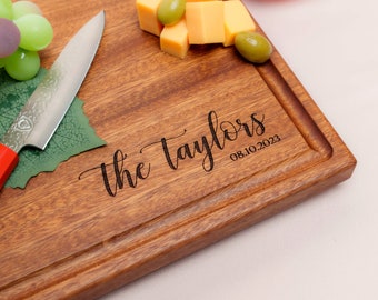 Personalized, Engraved Cutting Board with Minimalist Cursive Design for Housewarming or Wedding Gift #082