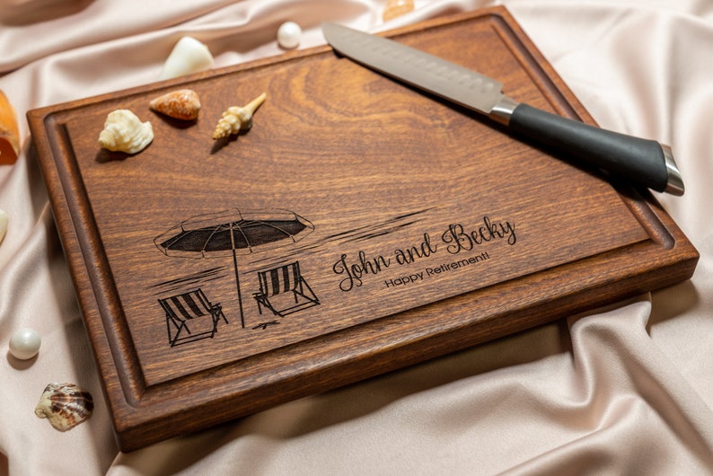 Personalized, Engraved Cutting Board with Beach Destination Design for Retirement or Wedding 051 image 9