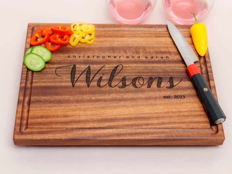 Personalized, Engraved Cutting Board with Minimalist Family Name Design for Housewarming or Wedding Gift 081 image 2