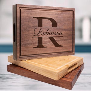 Personalized Engraved Chopping Block Monogram Initial Design for Wedding, Anniversary, Housewarming, Birthday Gift #004 With Free Care Kit