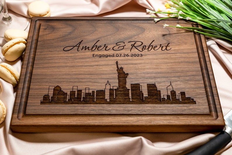 Personalized, Engraved Cutting Board with Modern City Skyline Design for Housewarming or Wedding Gift 050 image 2