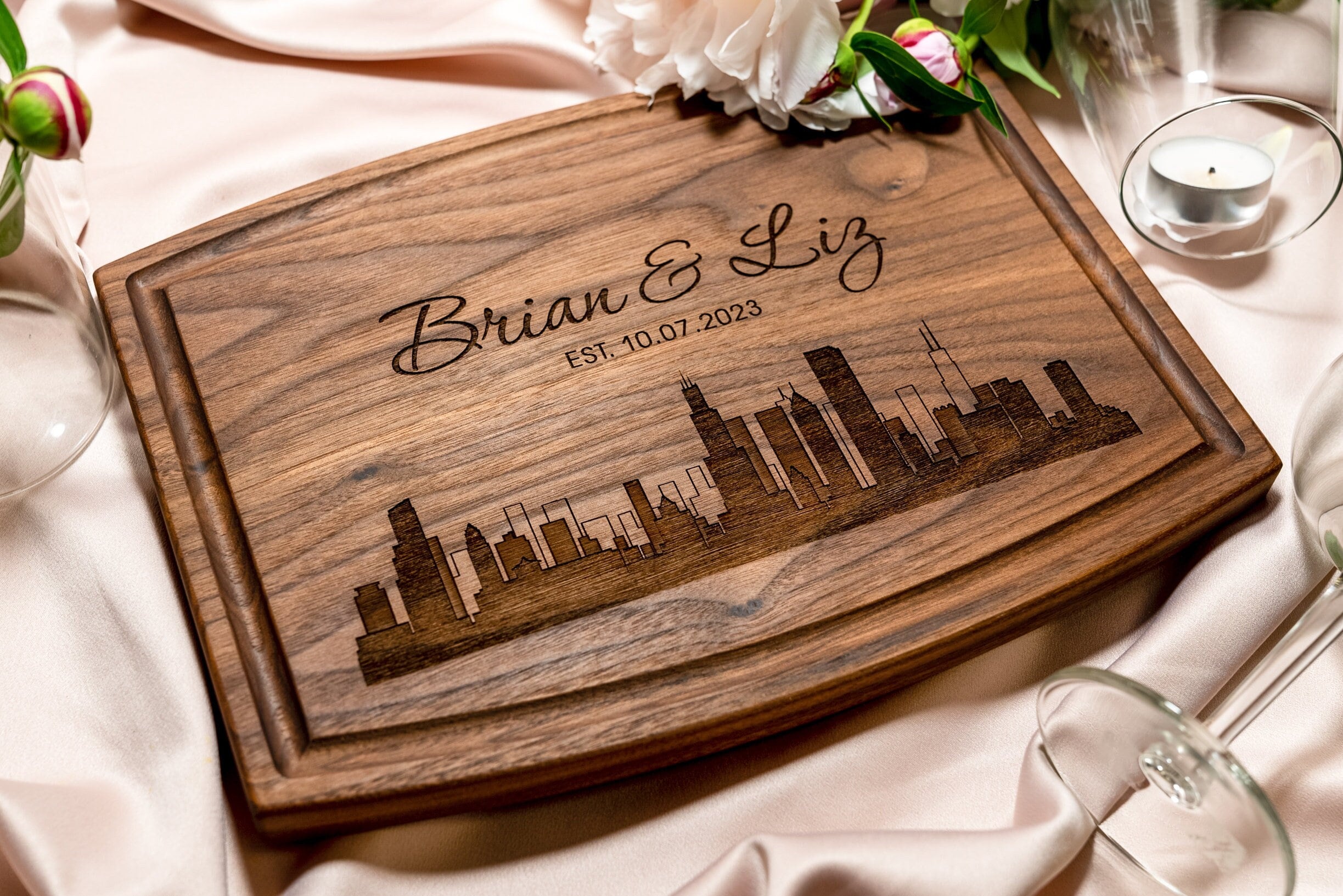 Personalized, Engraved Cutting Board with Modern City Skyline Design for Housewarming or Wedding Gift #050+Bonus Free Care Kit included
