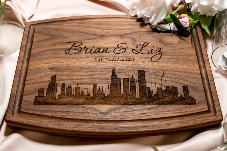 Personalized, Engraved Cutting Board with Modern City Skyline Design for Housewarming or Wedding Gift 050 image 10