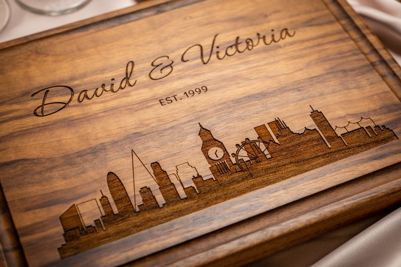 Personalized, Engraved Cutting Board with City Skyline Design for Housewarming or Wedding Gift 050 image 2