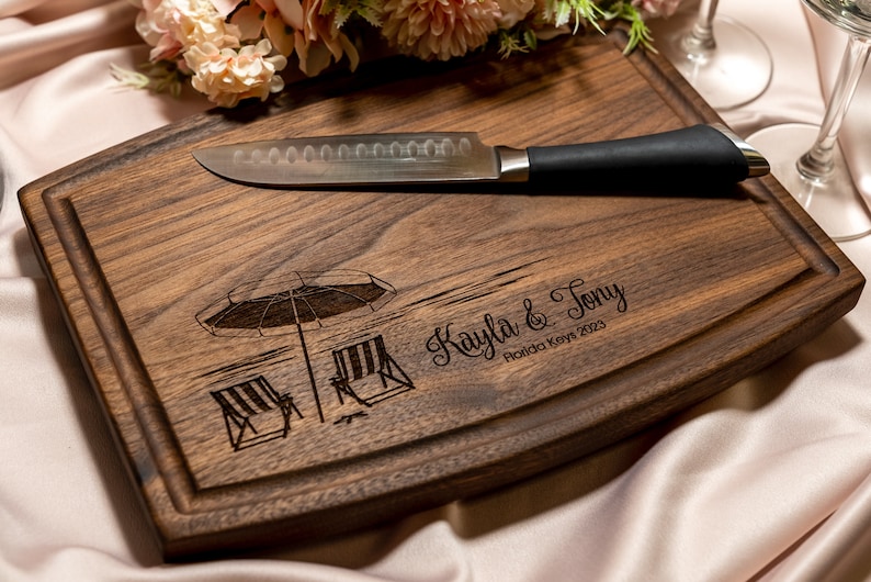 Personalized, Engraved Cutting Board with Beach Destination Design for Retirement or Wedding 051 image 2