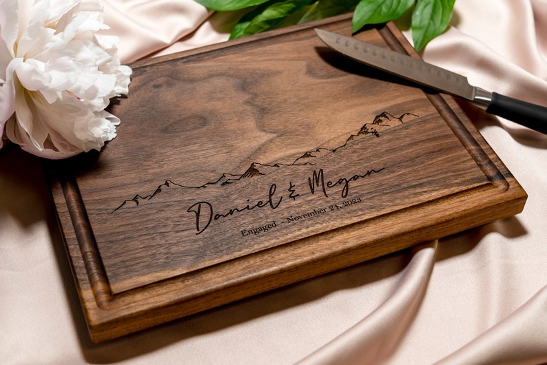 Personalized, Engraved Cutting Board with Minimalist Mountain Design for Housewarming or Wedding 103 image 1