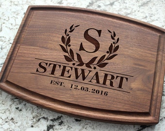 Personalized, Engraved Cutting Board with Monogram Design, and Laurels for Wedding or Anniversary Gift #011