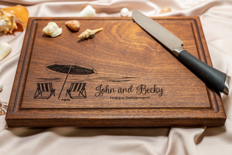 Personalized, Engraved Cutting Board with Beach Destination Design for Retirement or Wedding 051 image 7