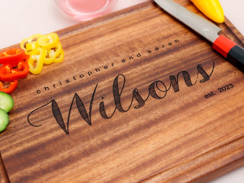 Personalized, Engraved Cutting Board with Minimalist Family Name Design for Housewarming or Wedding Gift 081 image 7