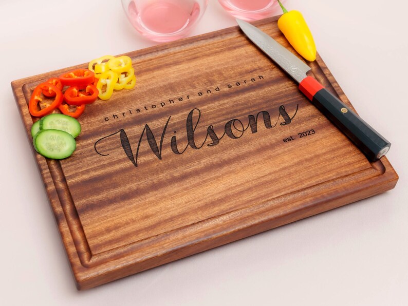 Personalized, Engraved Cutting Board with Minimalist Family Name Design for Housewarming or Wedding Gift 081 image 1