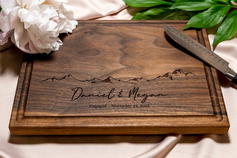 Personalized, Engraved Cutting Board with Minimalist Mountain Design for Housewarming or Wedding 103 image 2