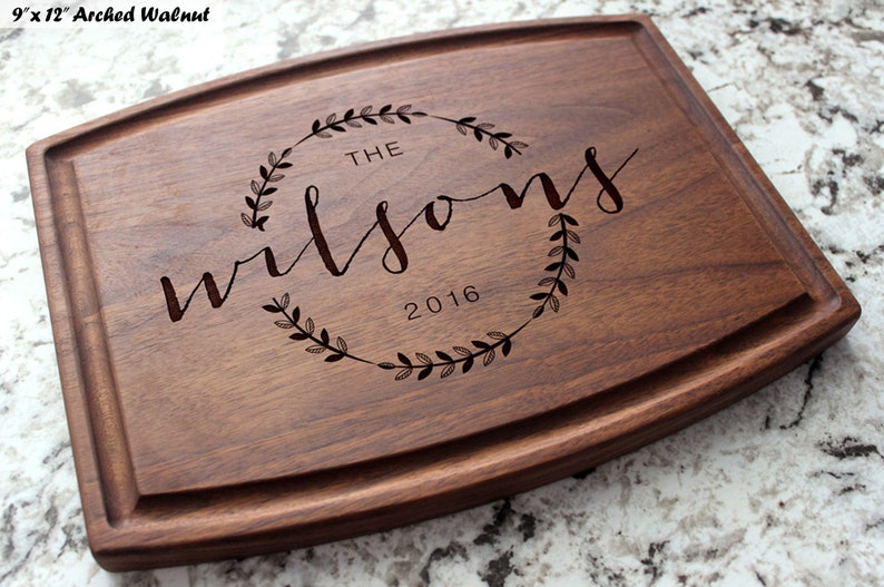 Personalized, Engraved Cutting Board with Natural Wreath Design for Wedding or Housewarming Gift #022 