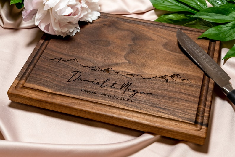 Personalized, Engraved Cutting Board with Minimalist Mountain Design for Housewarming or Wedding 103 image 3