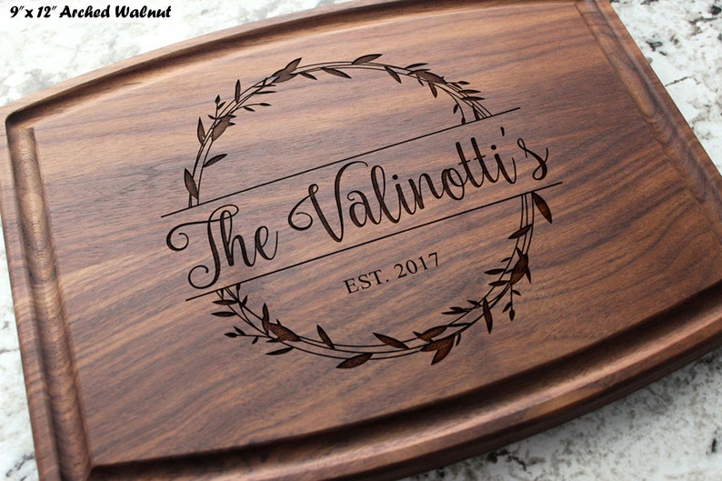 Personalized, Engraved Cutting Board with Natural Wreath Design for Housewarming or Anniversary Gift #040 